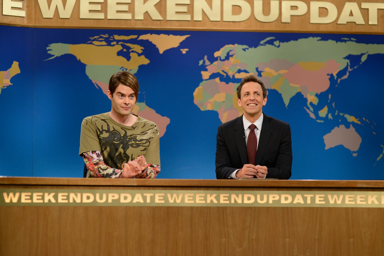 Emmy nominated Bill Hader sits in the Stefon character next to Seth Meyers at the SNL Weekend Update desk  