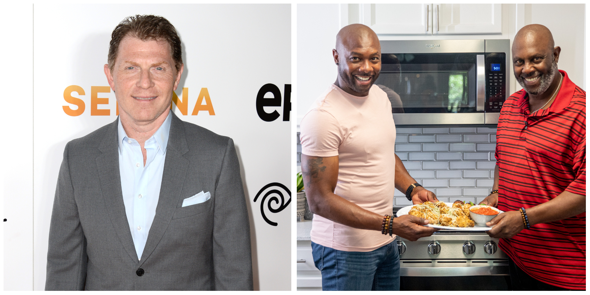 Bobby Flay at a red carpet event. Eddie Jackson and his father Eddie Jackson, Sr. hold a plate of chicken wings in front of a stove.
