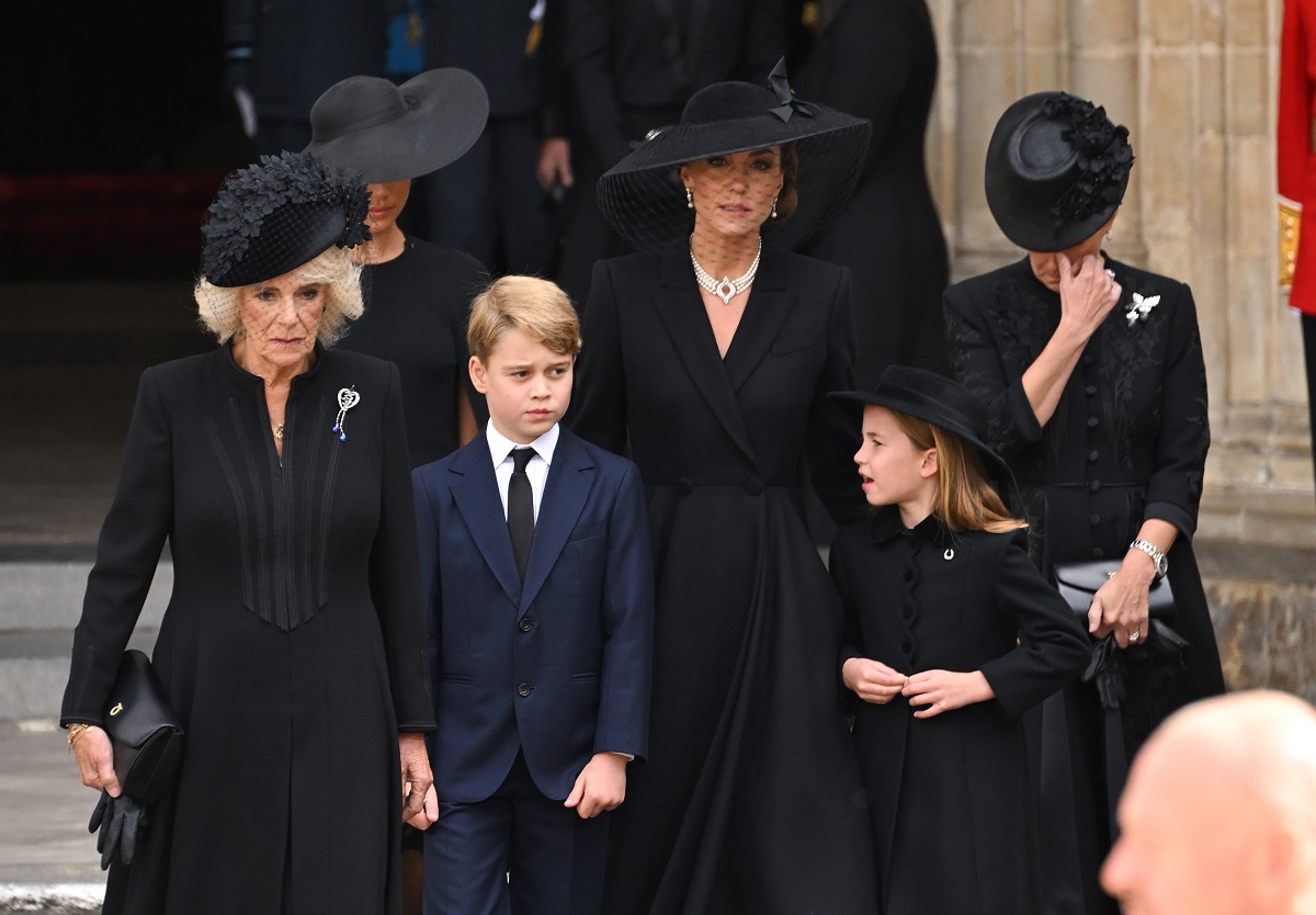 Camilla Parker Bowles, Prince George, Kate Middleton, Princess Charlotte, along with Prince Edward’s wife Sophie leaving the state funeral of Queen Elizabeth II