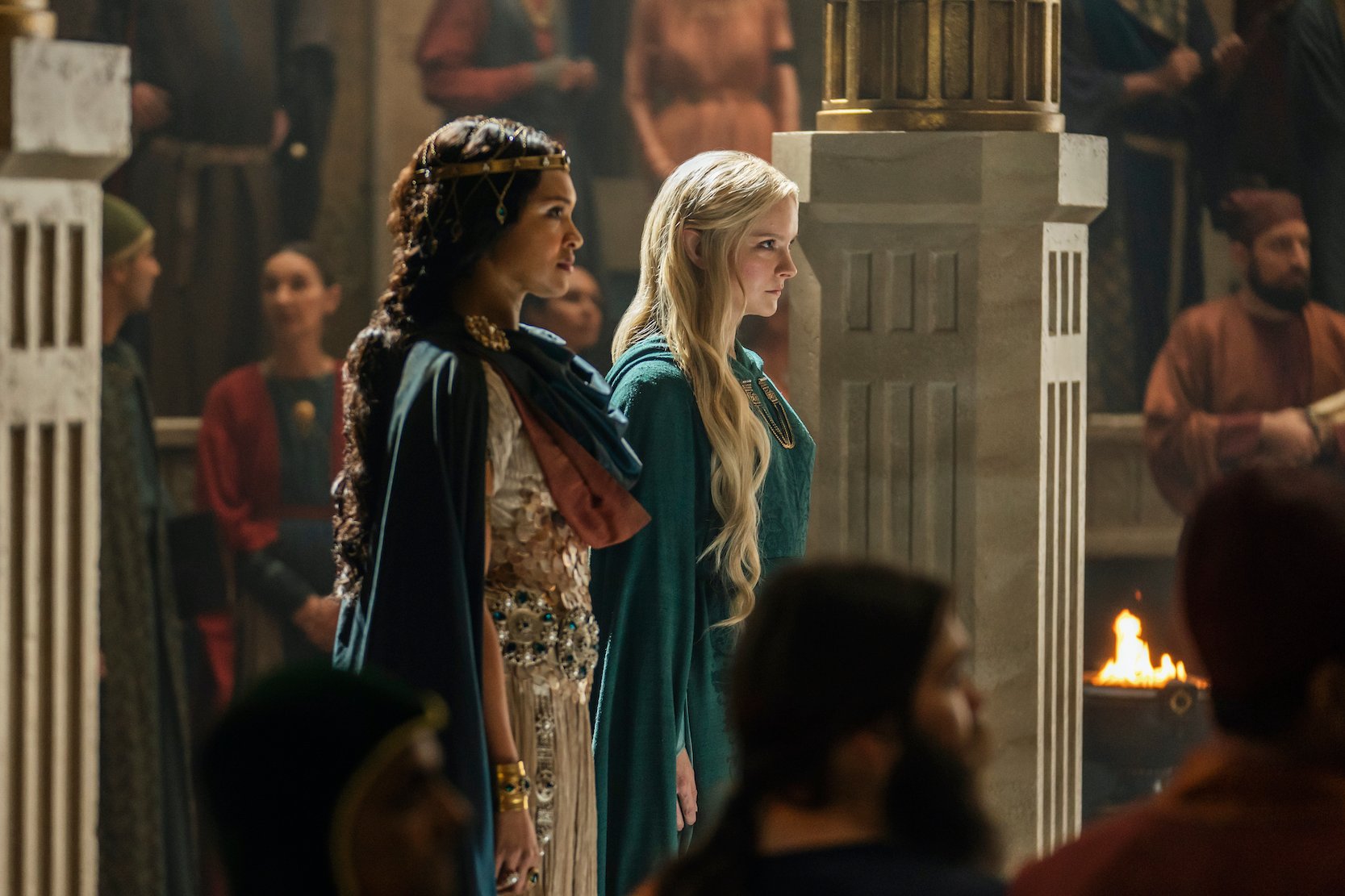 Cynthia Addai-Robinson as Miriel and Morfydd Clark as Galadriel in The Rings of Power