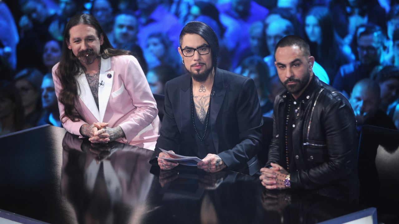 Oliver Peck, Dave Navarro, and Chris Nunez sitting next to each other during 'Ink Master' Season 8 finale