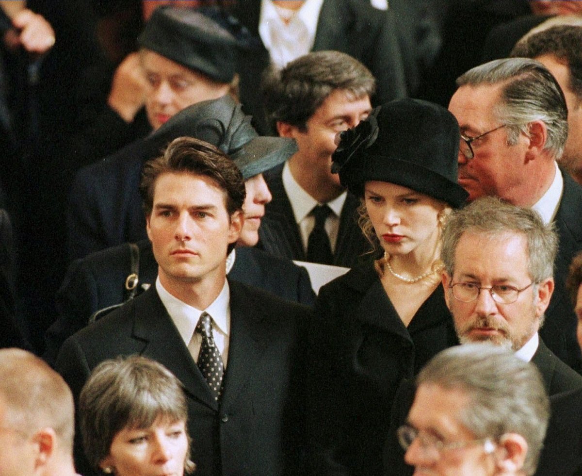 Director Steven Spielberg and actors Tom Cruise and Nicole Kidman arrive at the funeral service for Princess Diana