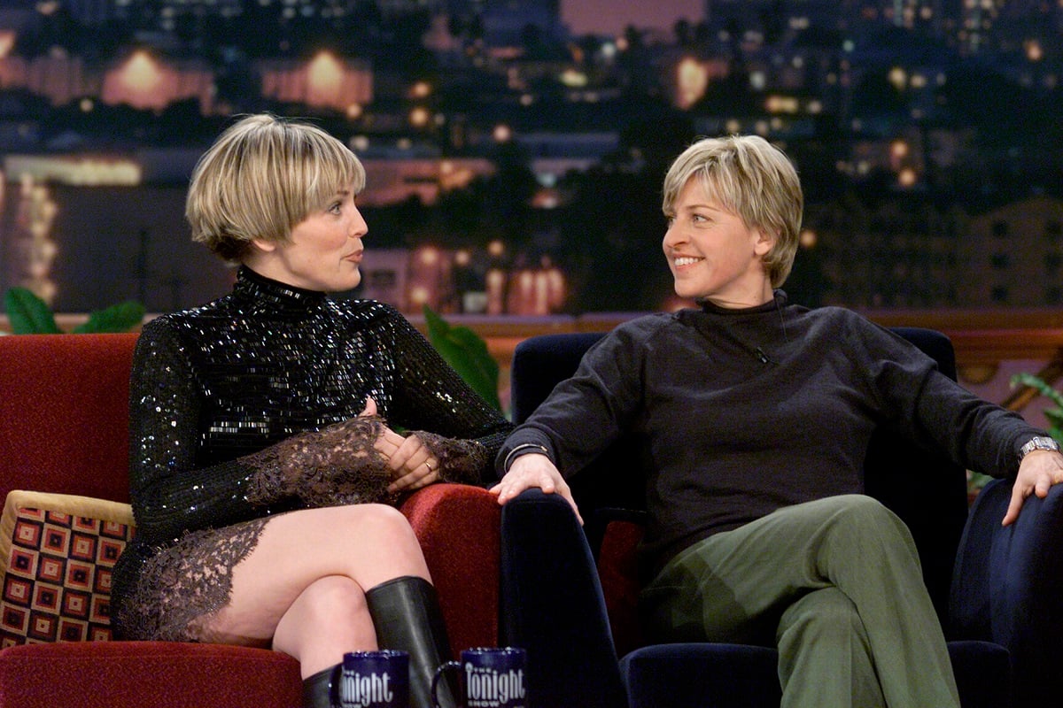 Ellen DeGeneres sitting next to Sharon Stone on 'The Tonight Show with Jay Leno'