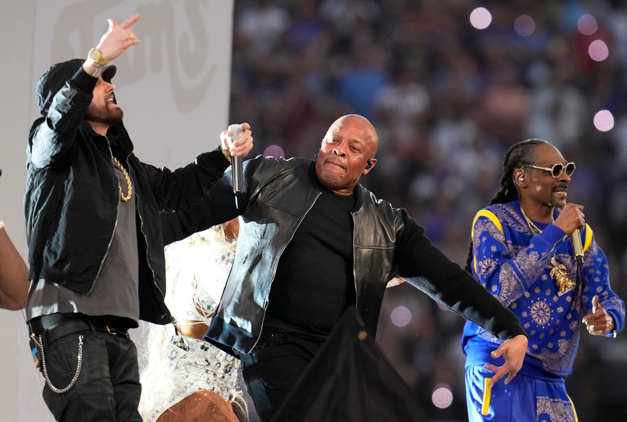 Eminem, Dr. Dre, and Snoop Dogg performing together at the 2022 Super Bowl halftime show