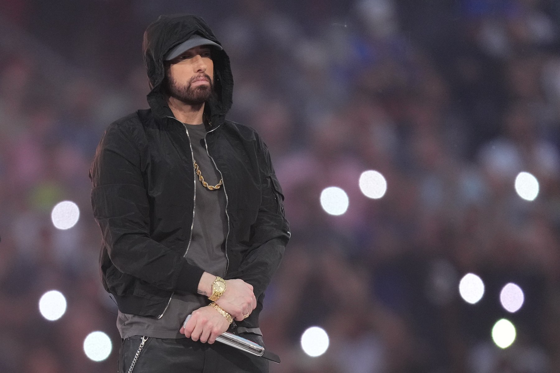 Eminem, who suffered an overdose in 2007, performing at the 2022 Super Bowl halftime show.