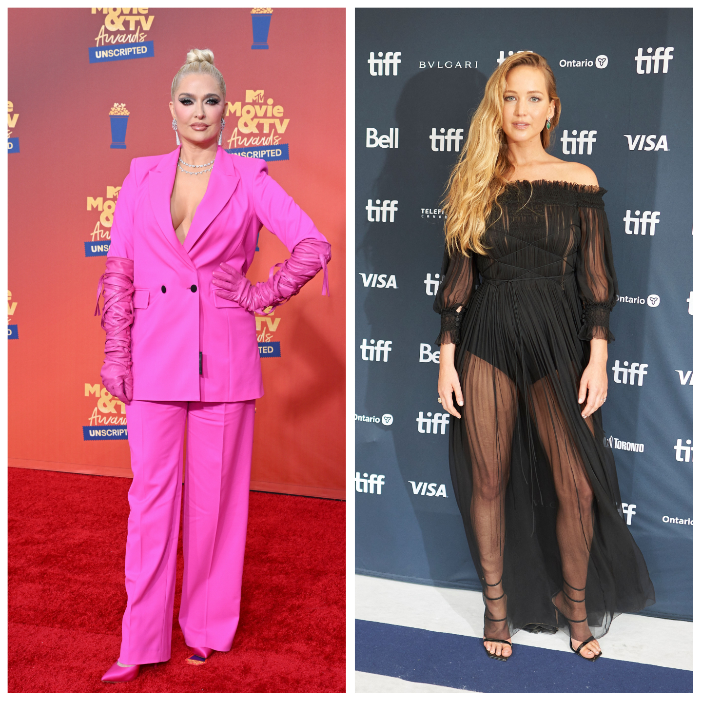 Erika Jayne wears all pink on the red carpet. Jennifer Lawrence is in all black at anther red carpet event. 