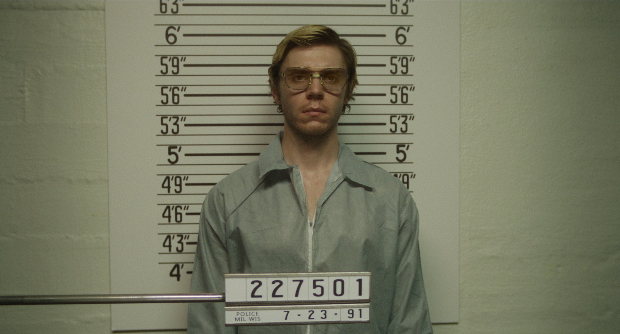 Evan Peters as Jeffrey Dahmer after getting caught in 'DAHMER — Monster The Jeffrey Dahmer Story.'