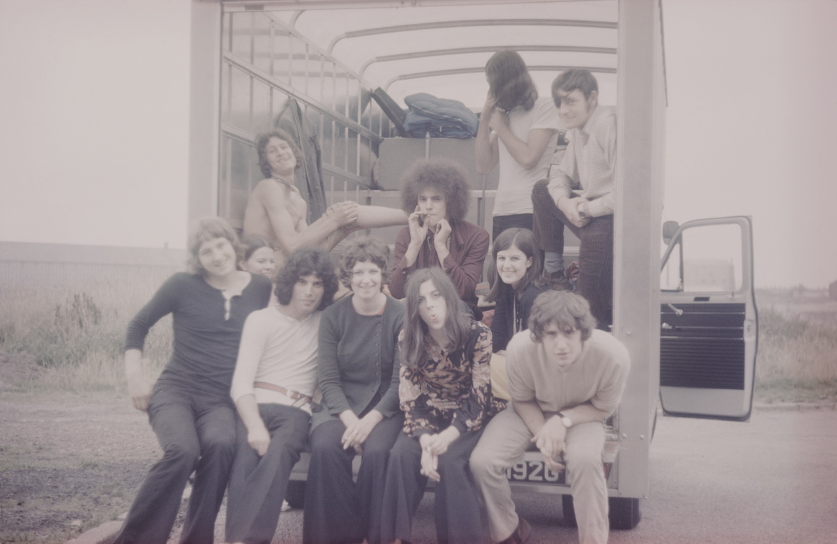 Members of English group Ibex pose together in 1969, with Freddie Mercury fourth from left in white shirt