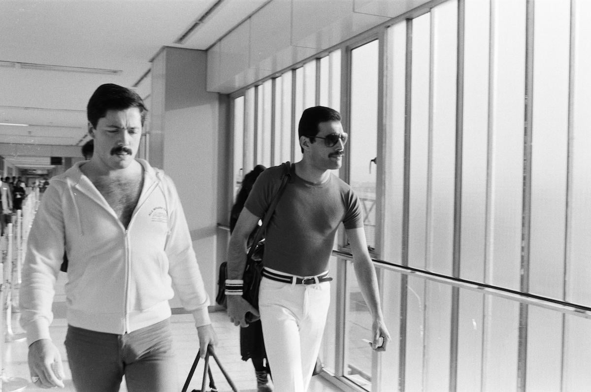 Freddie Mercury of Queen travels through an airport in 1982