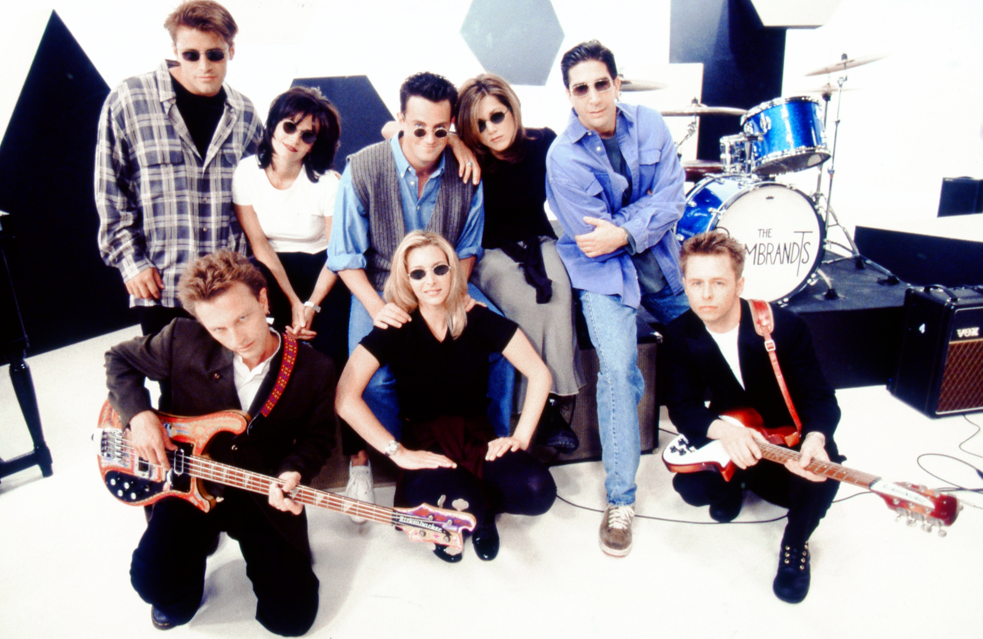'Friends' opening song, inspired by The Beatles. The Friends cast wearing sunglasses on the set of The Rembrandts music video set.