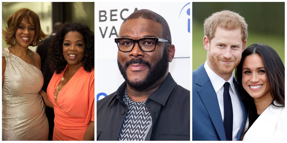 Side by side photos of Gayle King, Oprah Winfrey, Tyler Perry, Prince Harry, and Meghan Markle.