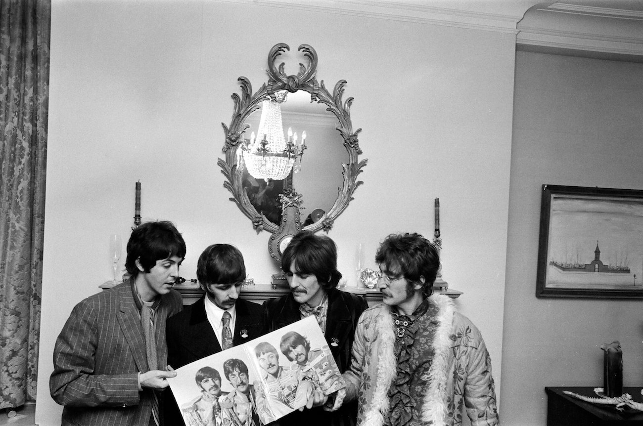 The Beatles at the press launch of their 1967 album 'Sgt. Pepper.'