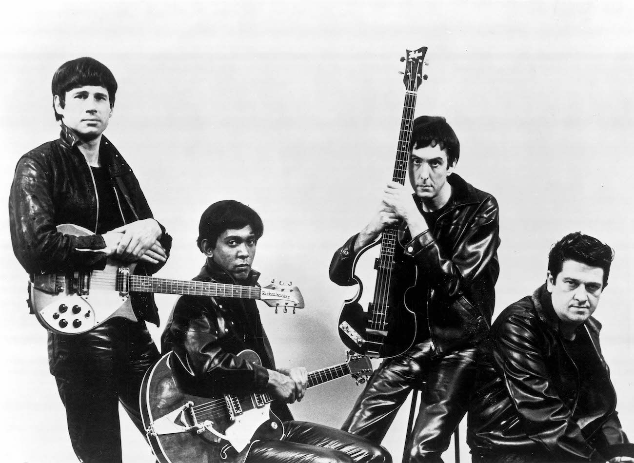 The Rutles posing in leather jackets in 1978.