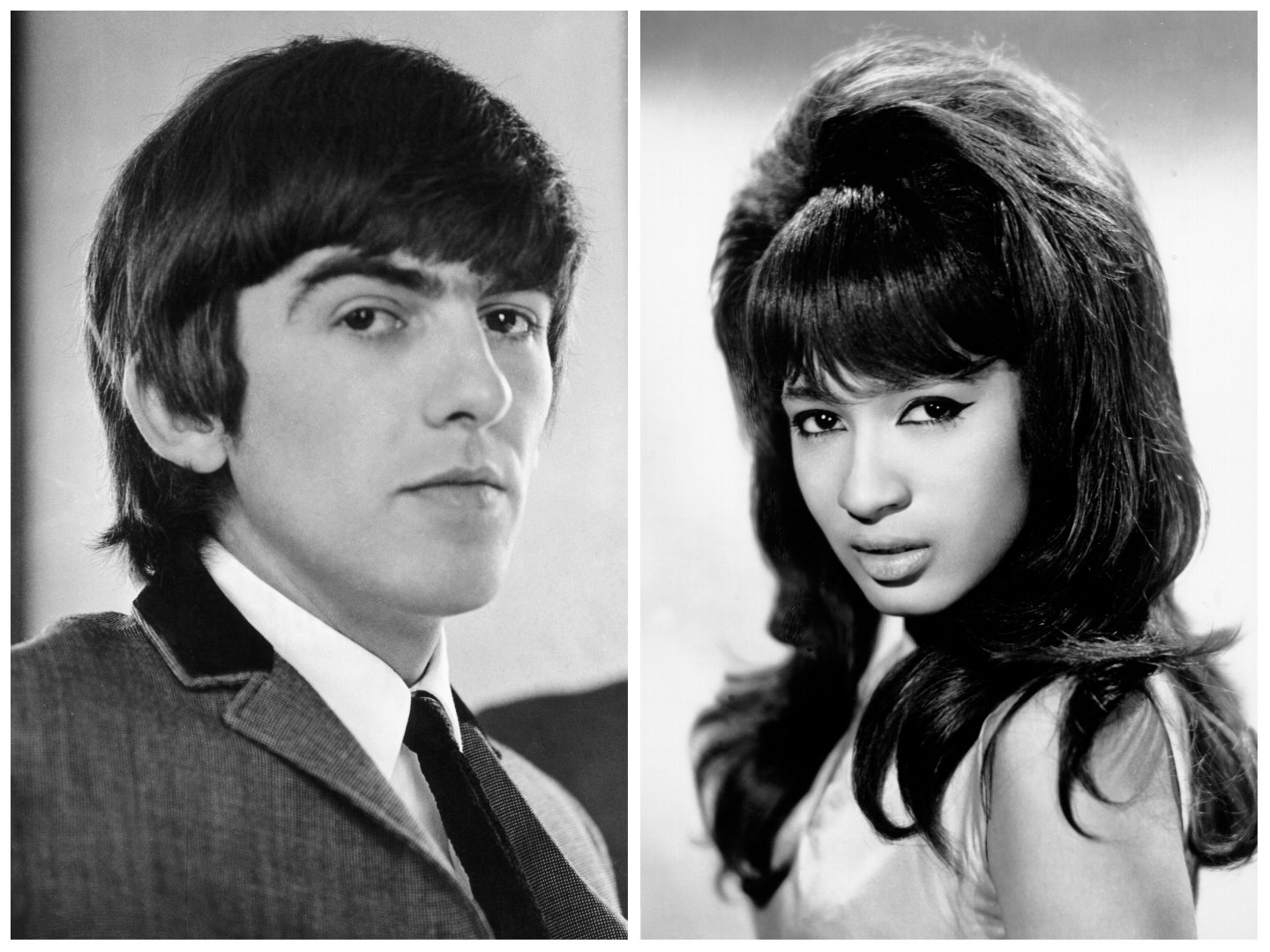 A black and white photo of George Harrison wearing a suit. Ronnie Spector wears a sleeveless dress.