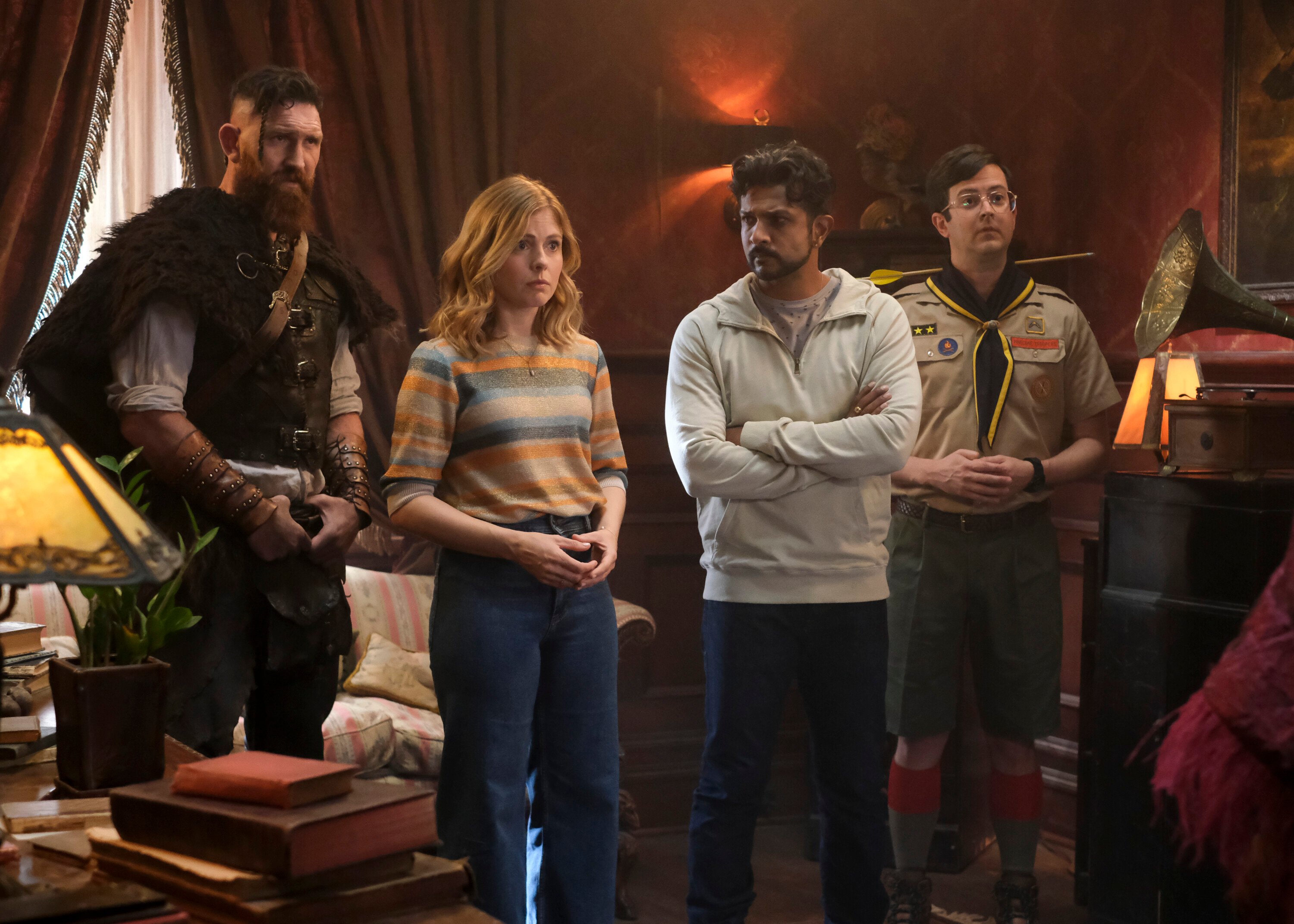 Devan Chandler Long as Thorfinn, Rose McIver as Samantha, Utkarsh Ambudkar as Jay and Richie Moriarty as Pete in 'Ghosts'