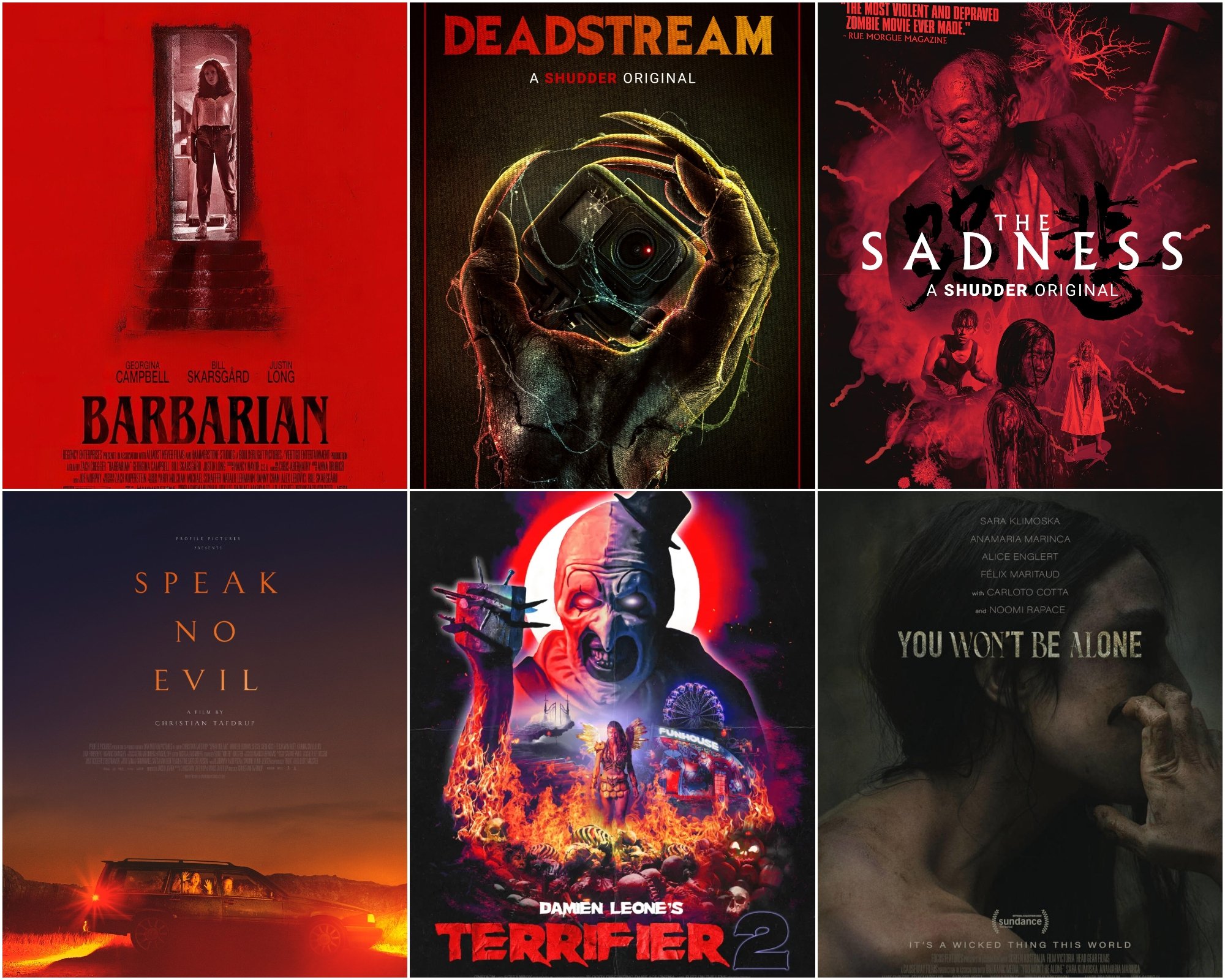 Halloween 2022 must-see horror movies 'Barbarian,' 'Deadstream,' 'The Sadness,' 'Speak No Evil,' 'Terrifier 2,' 'You Won't Be Alone' posters in a collage