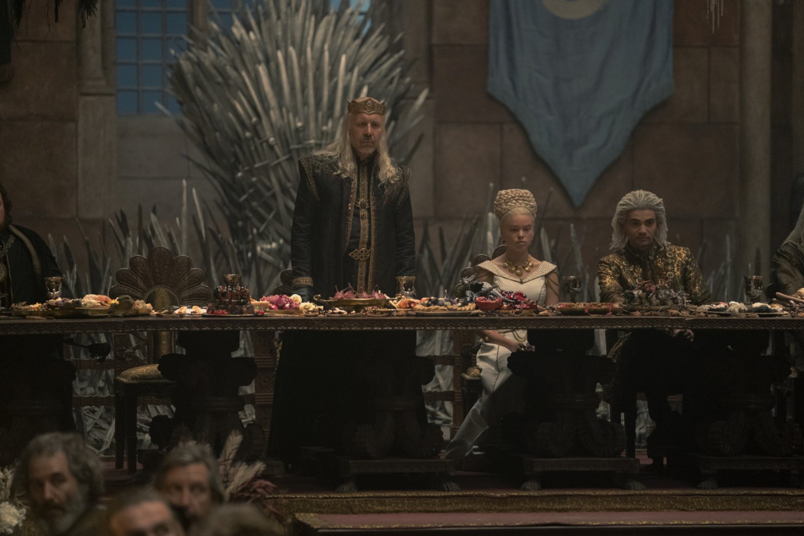 Paddy Considine, Milly Alcock, and Theo Nate as Viserys Targaryen, Rhaenyra Targaryen, and Laenor Velaryon in 'House of the Dragon' for our article about episode 6's release date