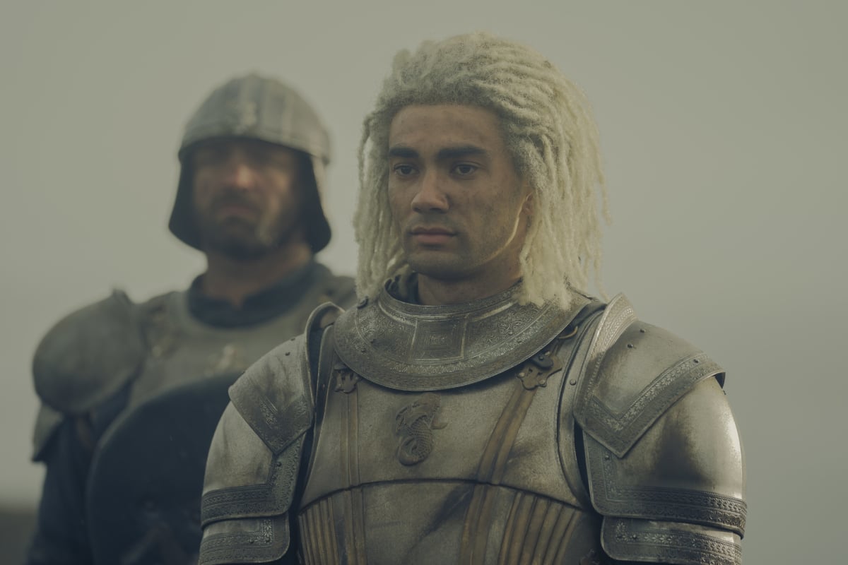 Theo Nate dans le rôle de Leanor dans House of the Dragon. Leanor porte une armure et a les cheveux blancs. 