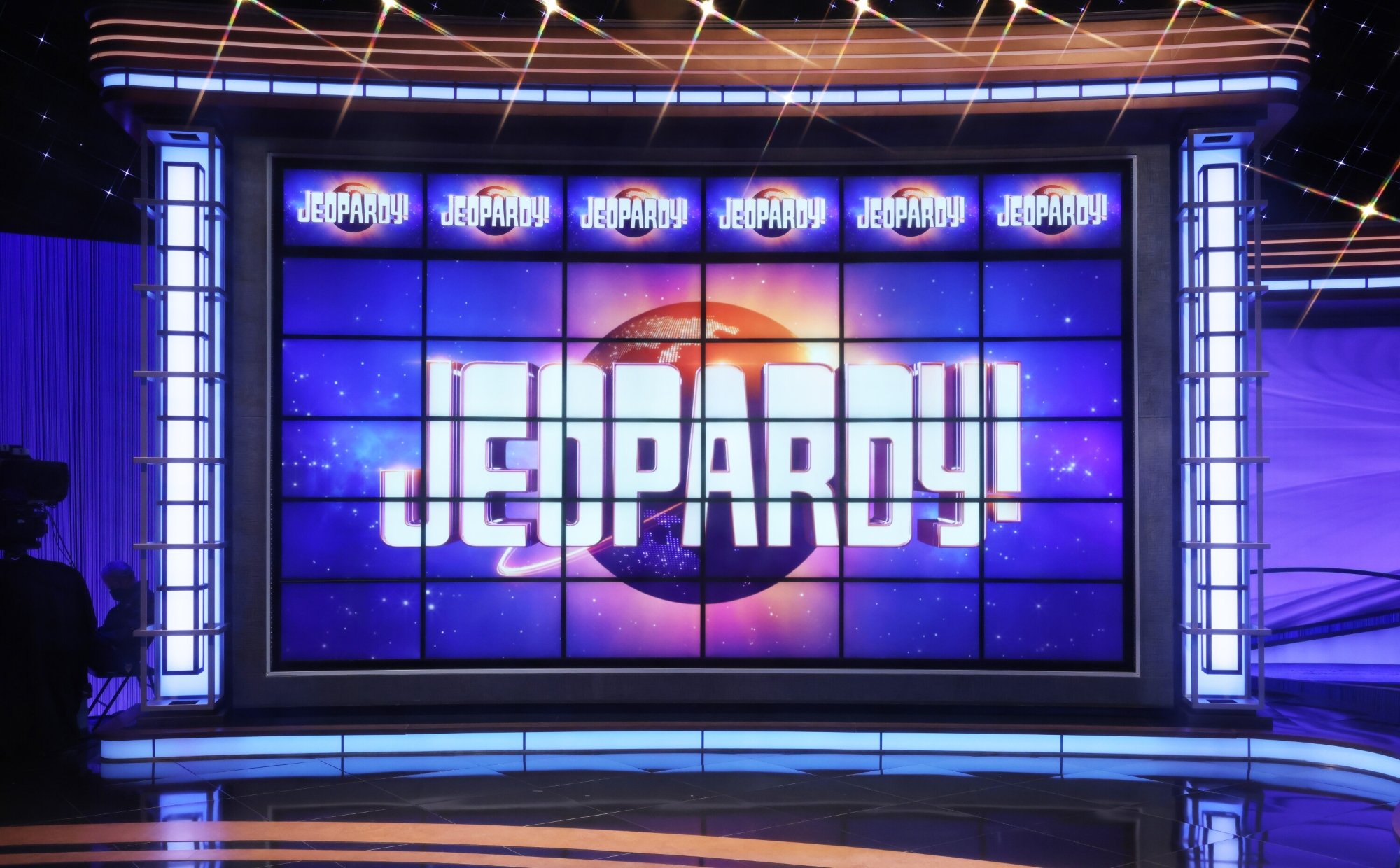 'Jeopardy!' Season 39, where 'Current Slang' category came up. The game board with the 'Jeopardy!' title on it.
