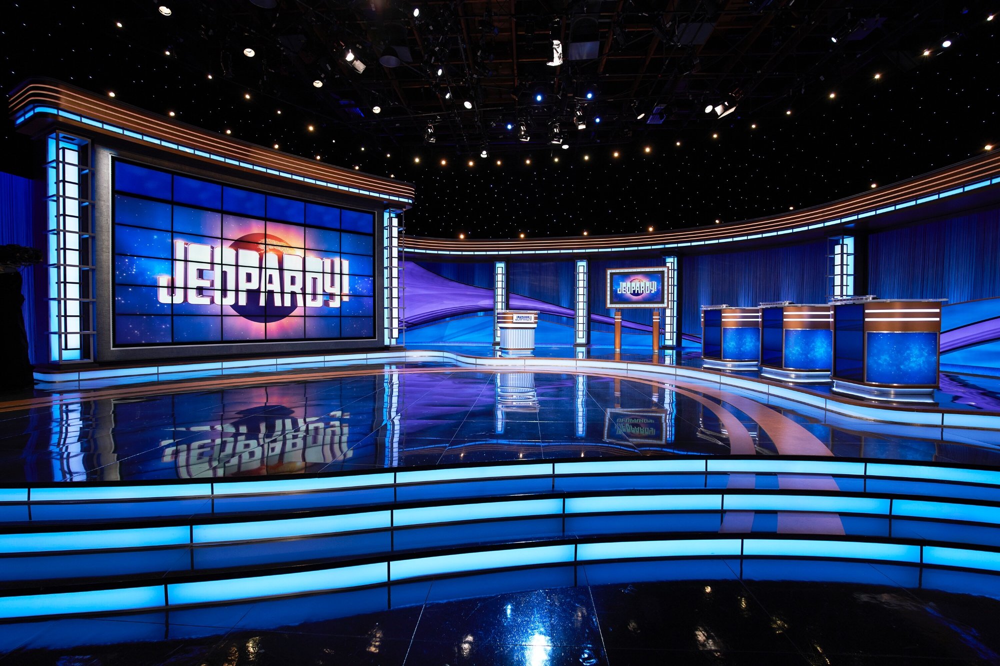 'Jeopardy!' game board in the studio. The steps leading to stage with the contestant podiums on the side.