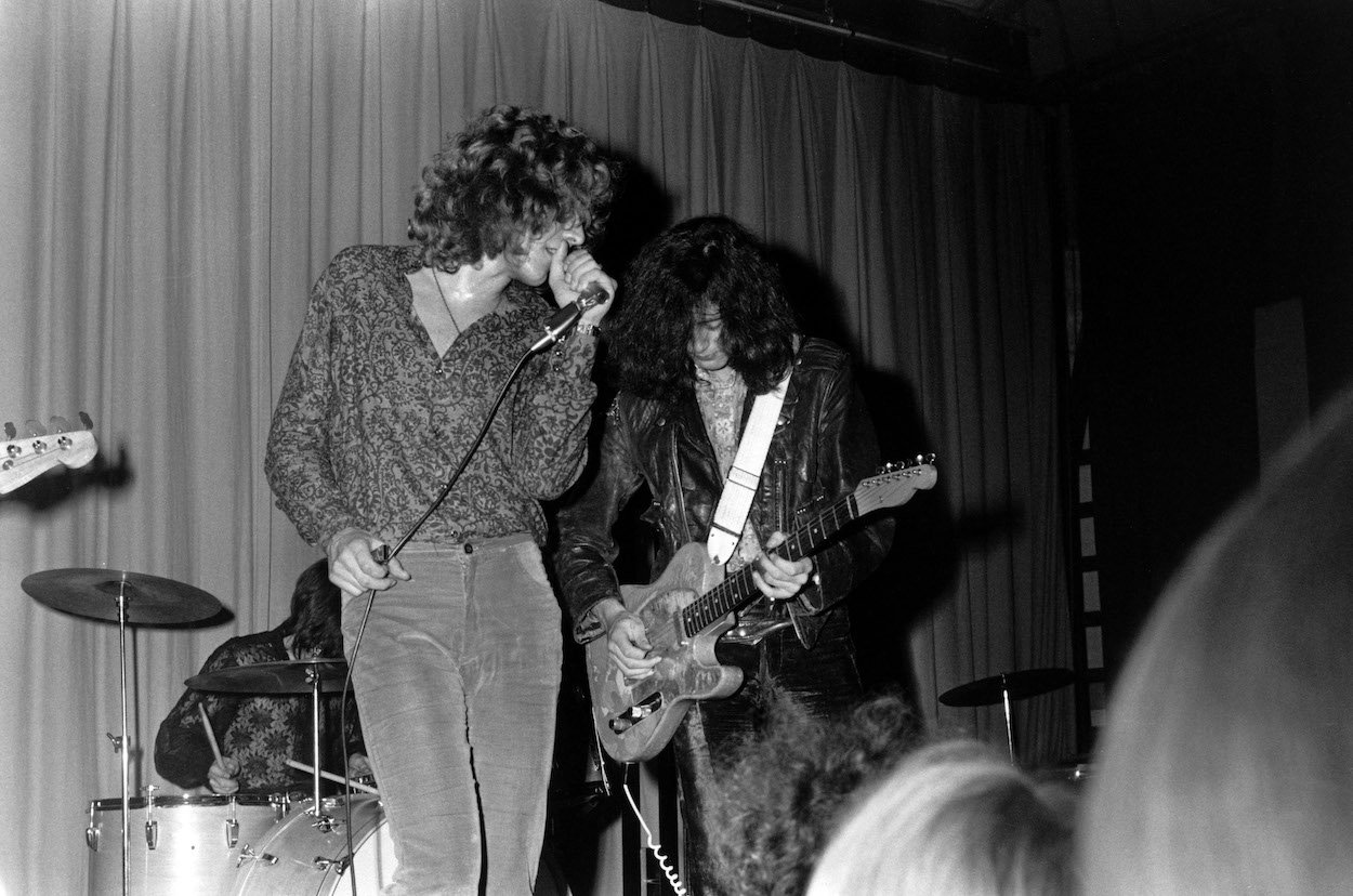 Jimmy Page (right) plays his Fender Telecaster next to Robert Plant during a 1969 Led Zeppelin concert. Page once left his Fender Telecaster at home and wanted to assault his housesitter when he saw what happened to it.