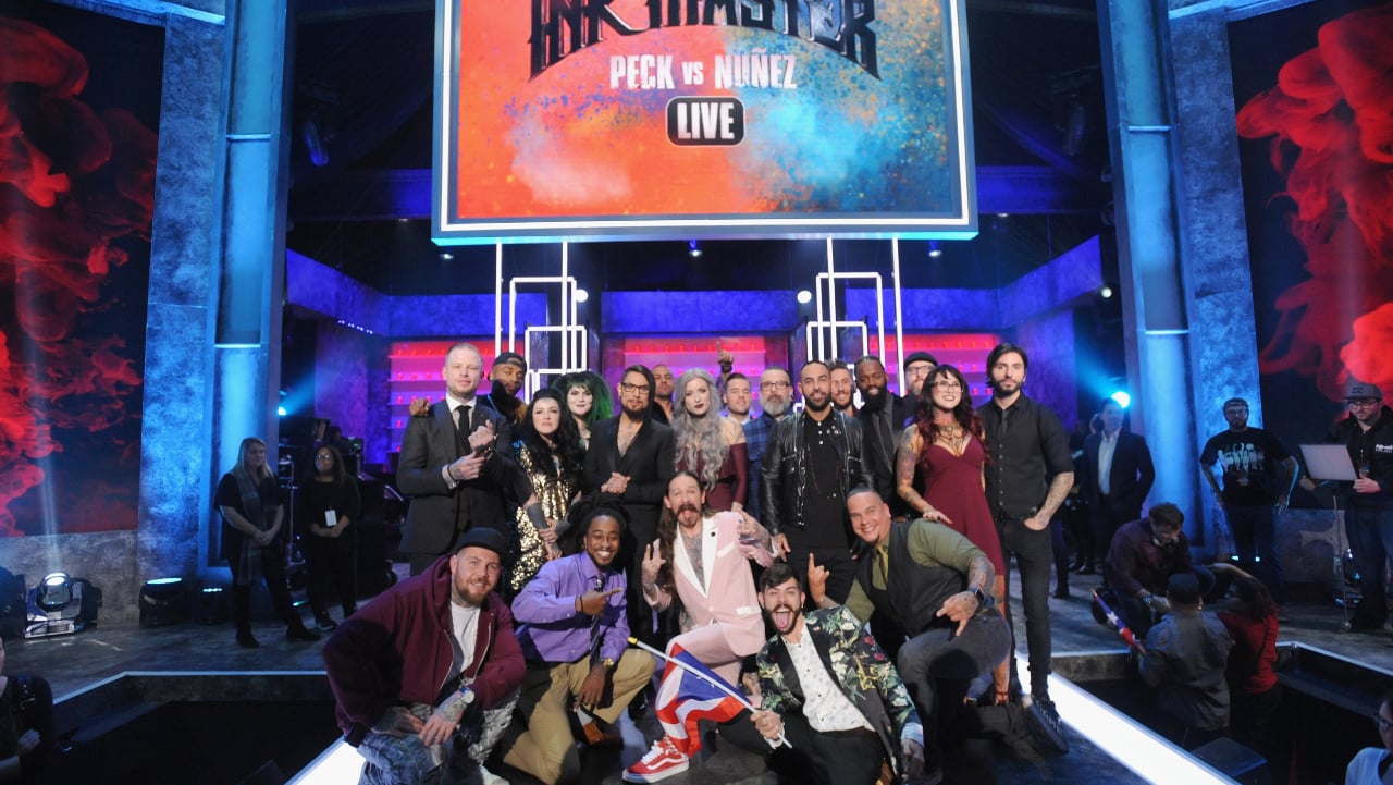 John Collins, Sketchy Lawyer, Kevin Laroy, Gia Rose, Kelly Doty, Sirvone Smith, Dave Navarro, Tuff Tito, Oliver Peck, Ryan Ashley, Mike McAskill, Gian Karle, Eric Gonzalez, Chris Nunez, Geary Morrill, Dave Robinowitz, and Boneface during 'Ink Master' Season 8 finale