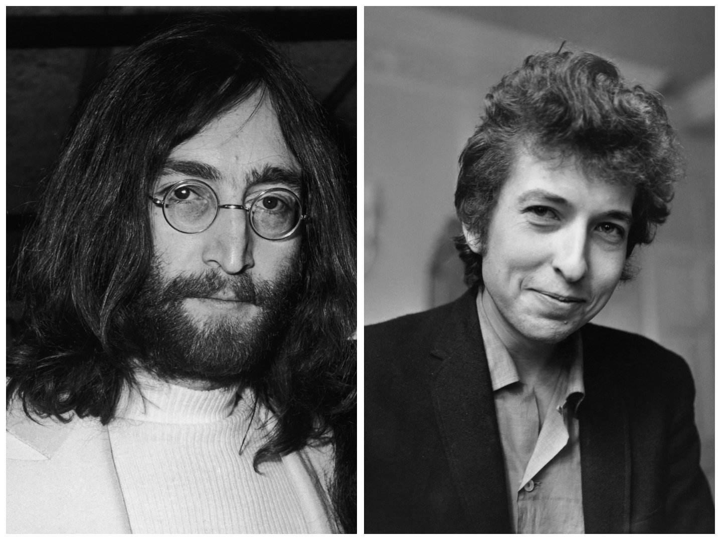 A black and white photo of John Lennon wearing glasses. Bob Dylan wears a suit jacket and smiles. 
