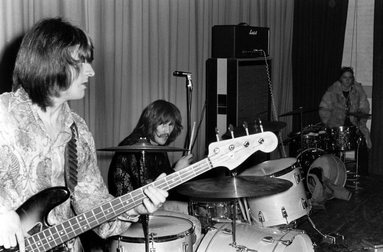 John Paul Jones (left) and John Bonham during an early Led Zeppelin concert in 1969. Jones knew he and Bonham would be a good rhythm section for Led Zeppelin, but he still criticized one aspect of Bonham's drumming.