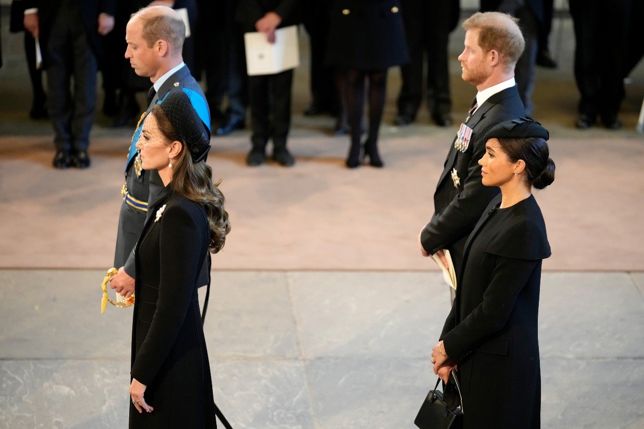 Kate Middleton and Prince William and Prince Harry and Meghan Markle attend funeral services for Queen Elizabeth II.