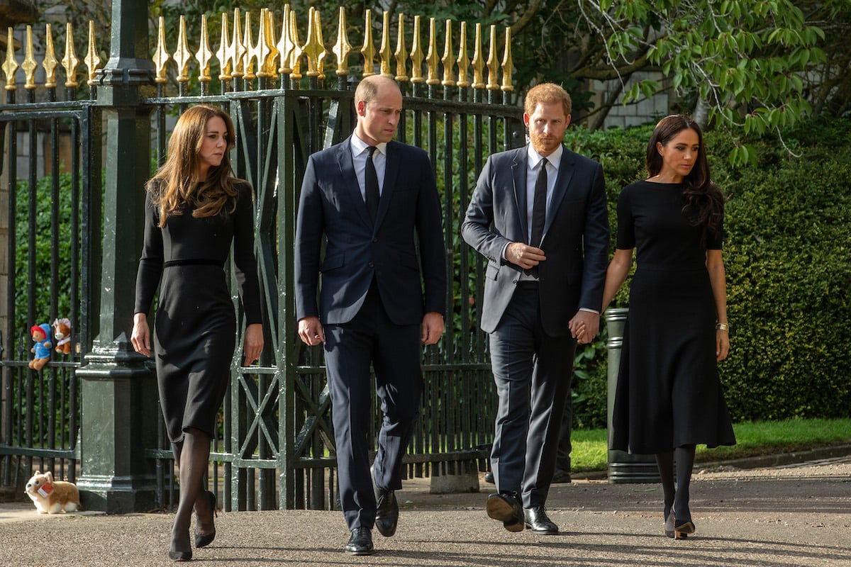 Kate Middleton, Prince William, Prince Harry, and Meghan Markle, whose children Prince George, Princess Charlotte, Prince Louis, Archie Harrison Mountbatten-Windsor and Lilibet Diana Mountbatten-Windsor could change royal tradition by attending Queen Elizabeth's funeral, walk outside Windsor Castle following Queen Elizabeth's death