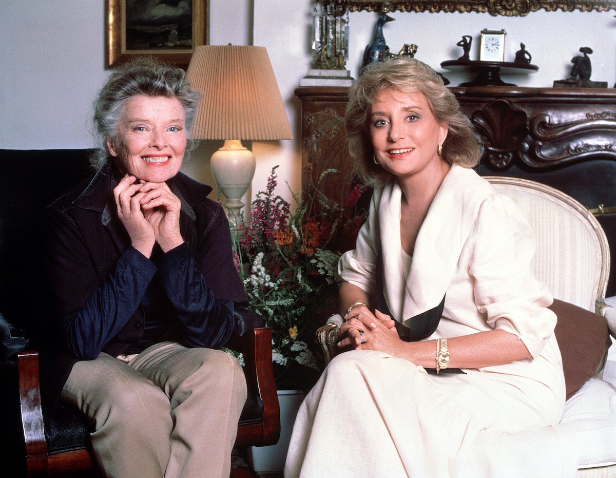 Barbara Walters and Katharine Hepburn smile together while filming 20/20 in 1987