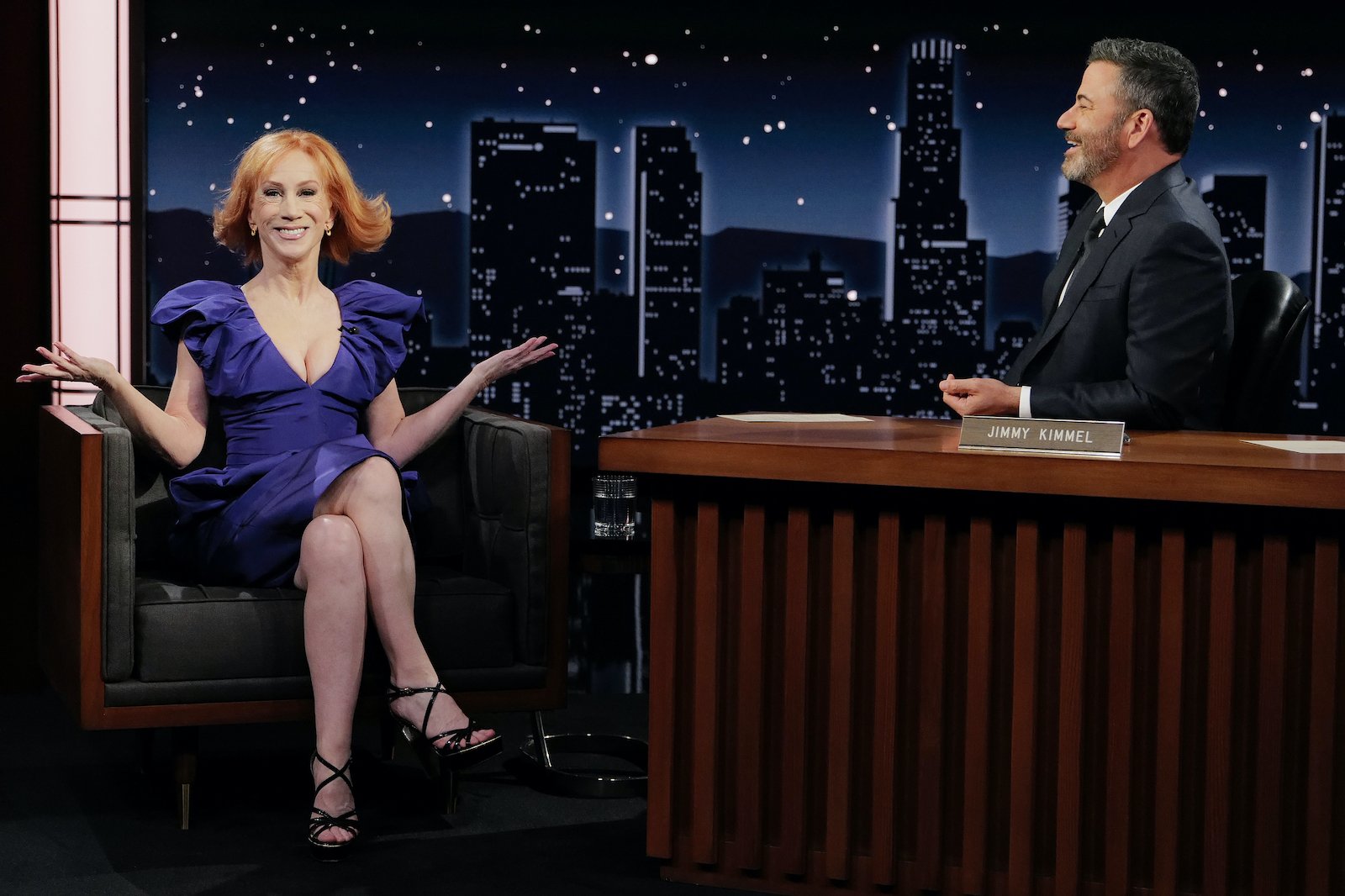 Kathy Griffin sits in front of Jimmy Kimmel during an appearance on his show