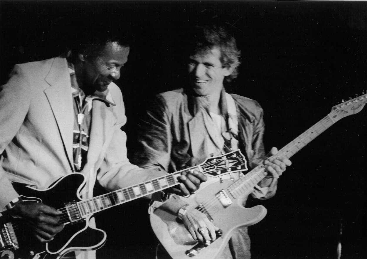 Chuck Berry (left) and Keith Richards, whose favorite Berry song is not one of the hits, perform at the 1986 Chicago Blues Festival