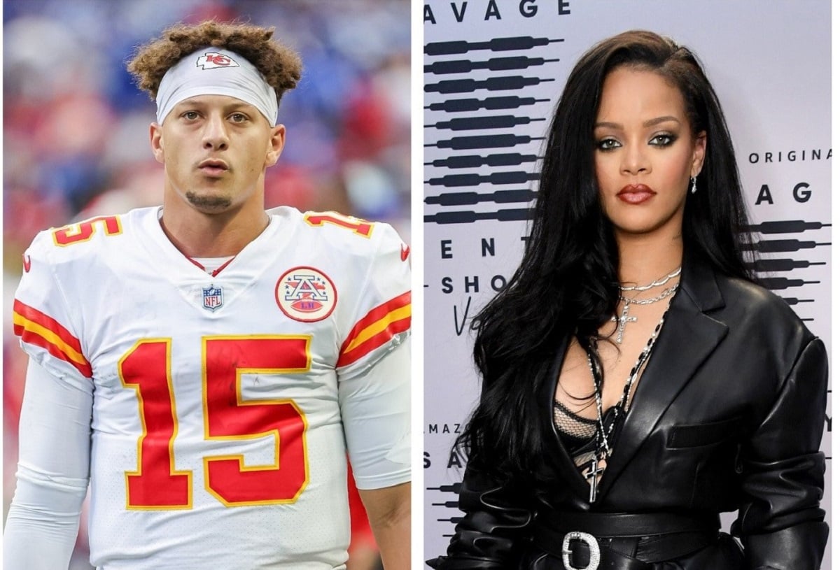 (L): Patrick Mahomes seen after a game against the Indianapolis Colts, (R): Rihanna attends the second press day for Savage X Fenty Show Vol. 2
