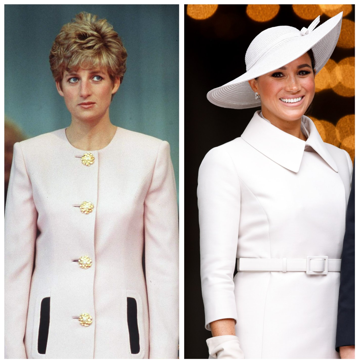 (L): Princess Diana wearing pink in Canada, (R): Meghan Markle wearing white outside St. Paul's Cathedral