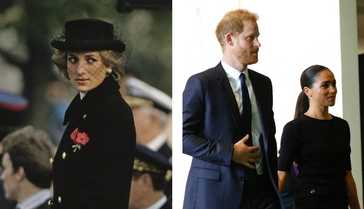 (L) Princess Diana, who may not have been a big Meghan Markle fan, at an Armistice Day wreath-laying ceremony, (R) Prince Harry and Meghan Markle arrive in New York on Nelson Mandela Day