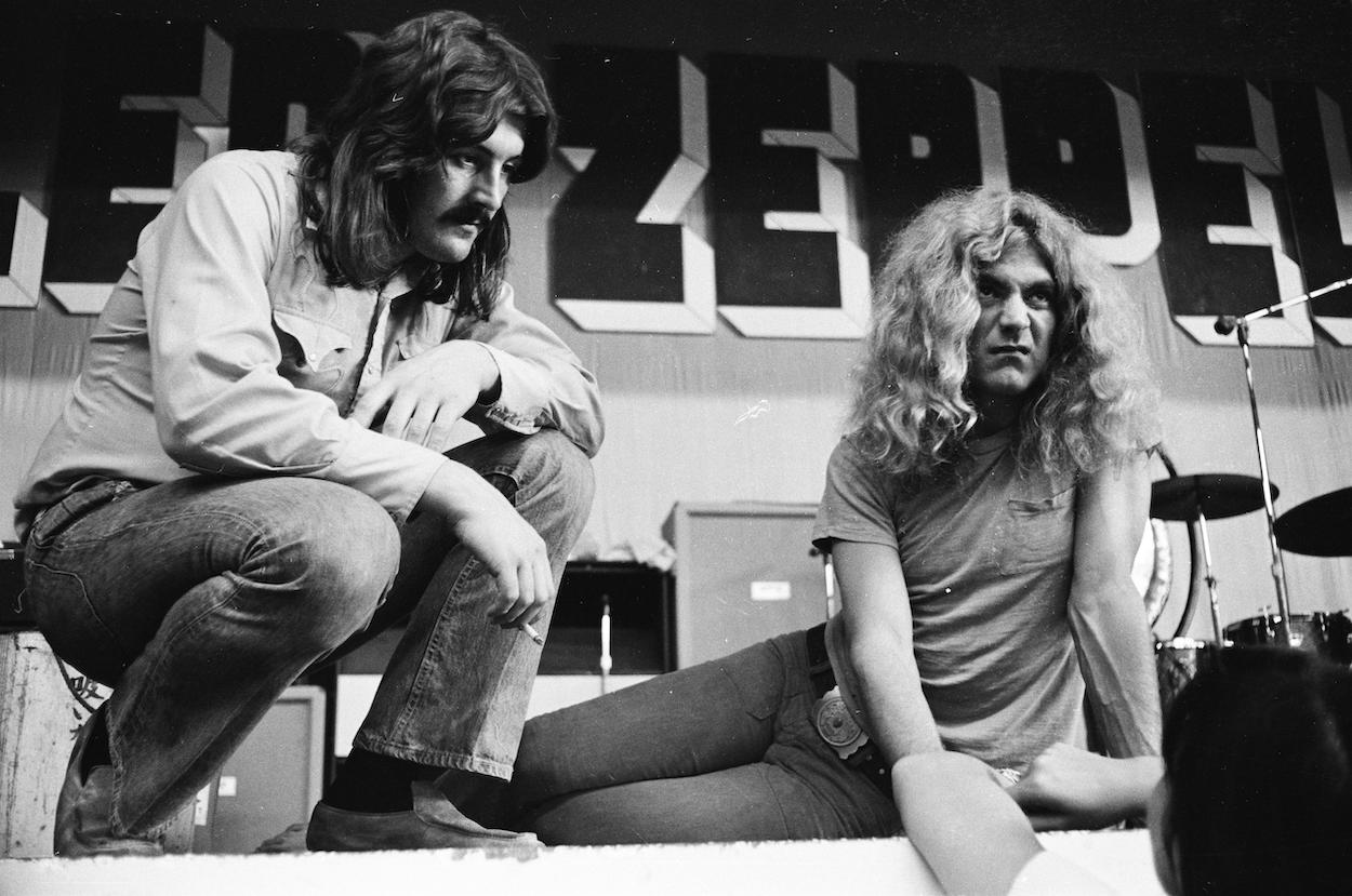 John Bonham (left) and Robert Plant of Led Zeppelin take a break during a 1971 concert rehearsal in Hiroshima, Japan.