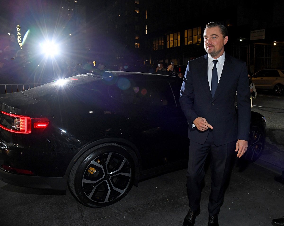 Leonardo DiCaprio arriving in an eco-friendly POLESTAR 2S car to the 'Don't Look Up' world premiere