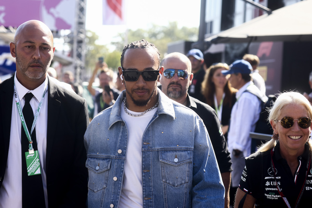 Lewis Hamilton of Mercedes arrives the Formula 1 Italian Grand Prix in a jean jacket