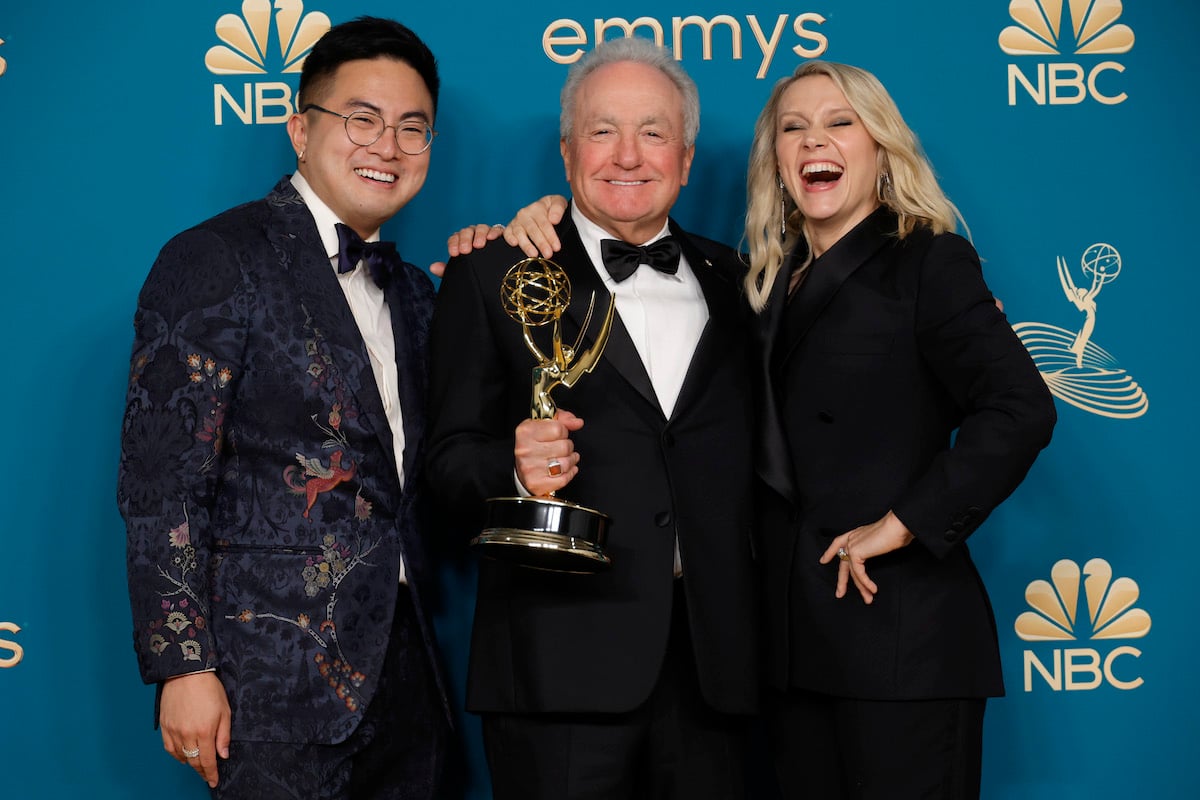 Lorne Michaels holds the award for Outstanding Variety Sketch Series for "Saturday Night Live" alongside Bowen Yang and Kate McKinnon at the 2022 Emmy Awards