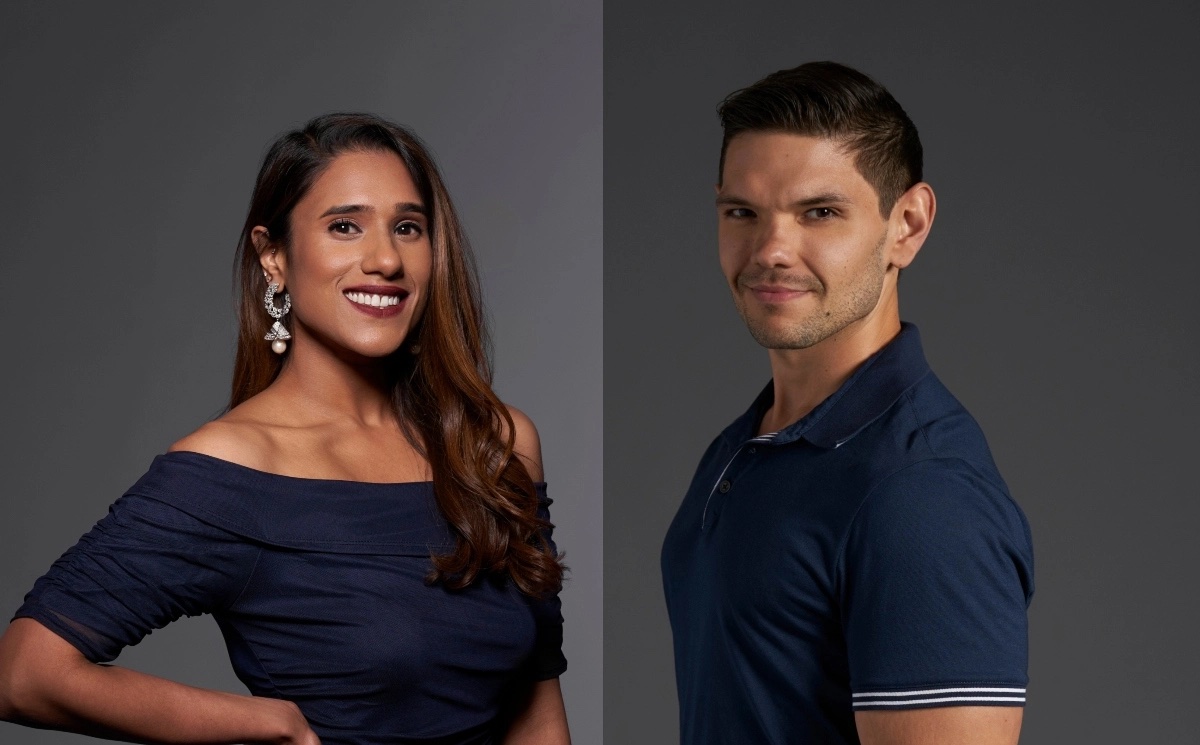 'Love Is Blind: After the Altar' stars Deepti and Kyle, both wearing navy blue in front of a gray background.
