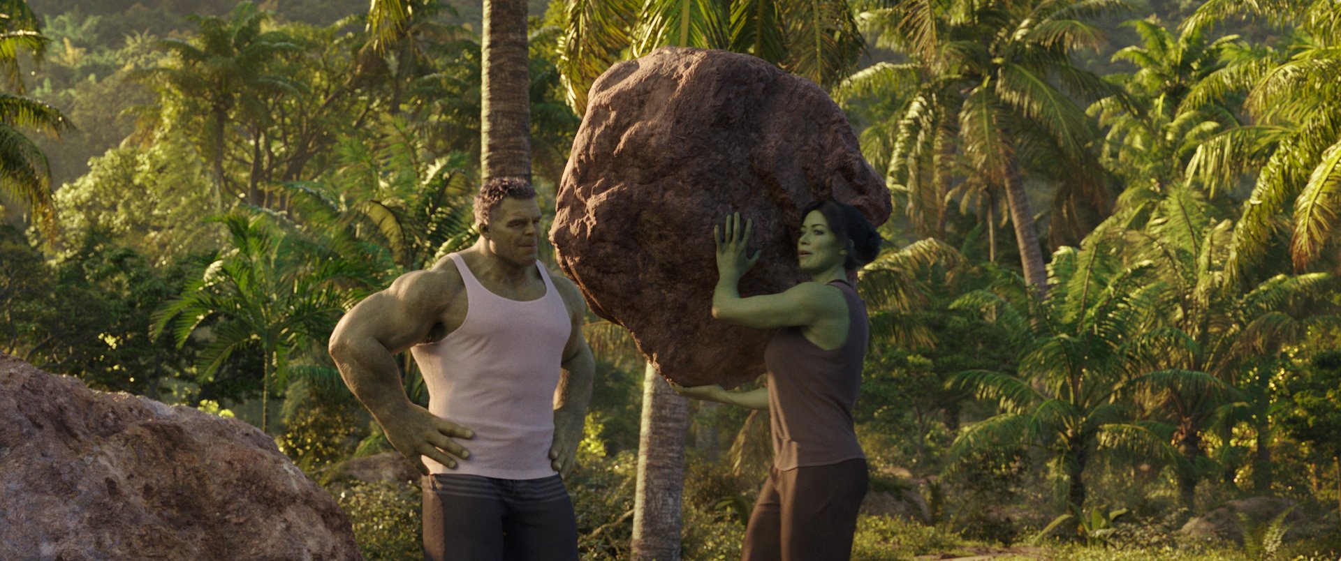 Mark Ruffalo as Bruce Banner/ Hulk and Tatiana Maslany as Jennifer Walters/ She-Hulk in She-Hulk: Attorney At Law