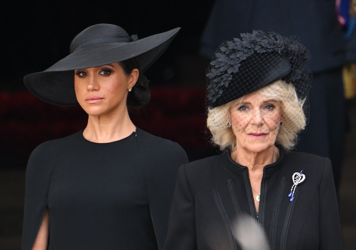 Meghan Markle, who according to Angela Levin's 2022 book, wasn't impressed when Camilla Parker Bowles served dishes from Together: Our Community Cookbook at lunch, stands near Camilla Parker Bowles at Queen Elizabeth's funeral