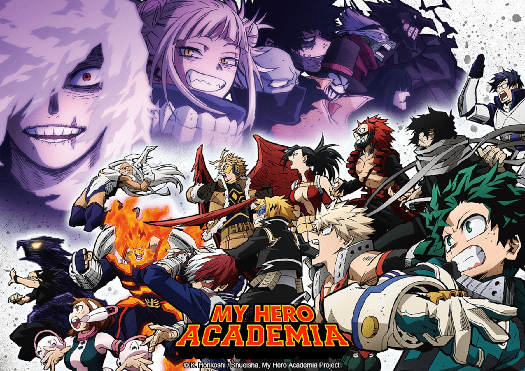 Key art for 'My Hero Academia' Season 6 for our article about what time it comes out on Crunchyroll. It features Class 1-A and the Pro Heroes ready for battle, with the villains looming over them.