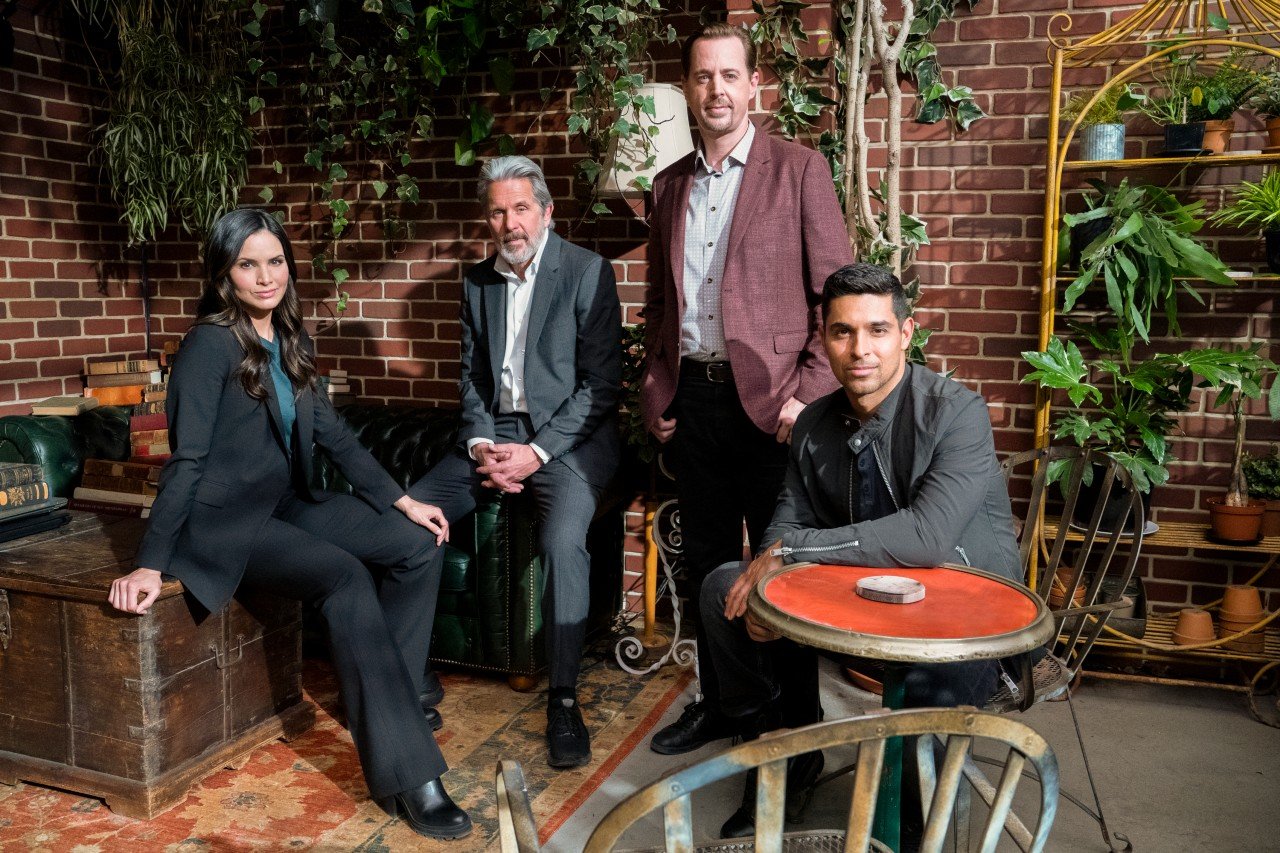 Katrina Law, Gary Cole, Sean Murray, and Wilmer Valderrama on the set of NCIS.