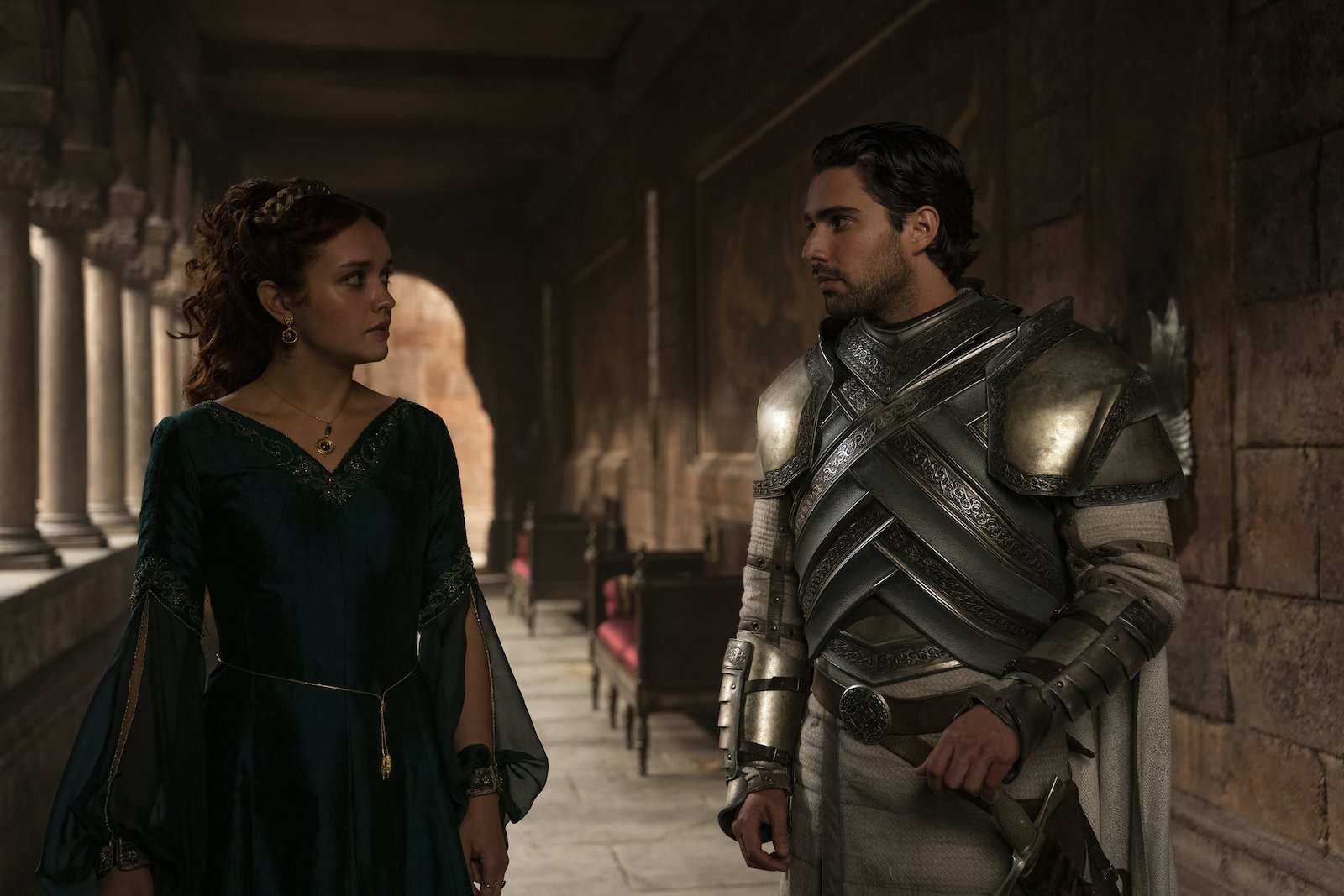 Olivia Cooke as Alicent Hightower and Fabien Frankel as Criston Cole in House of the Dragon