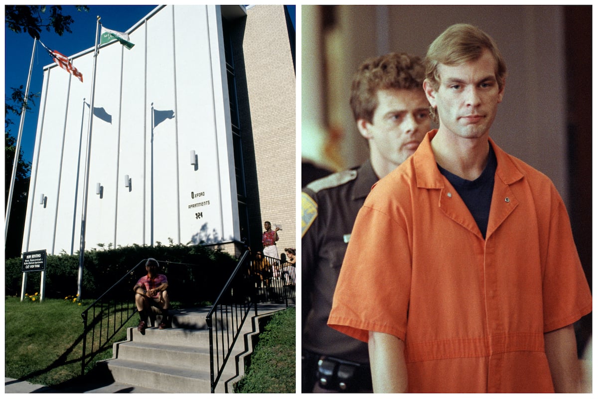 Side by side photos of the Oxford Apartments in Milwaukee and Jeffrey Dahmer in court