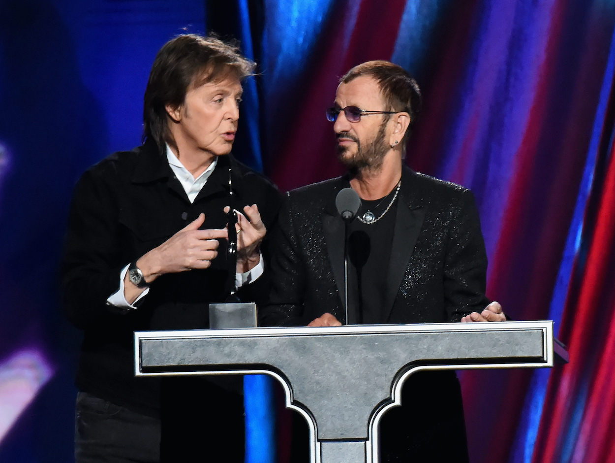 Paul McCartney (left) recalled the moment he knew Ringo Starr was the perfect drummer for The Beatles when he inducted Ringo into the Rock & Roll Hall of Fame in 2015.