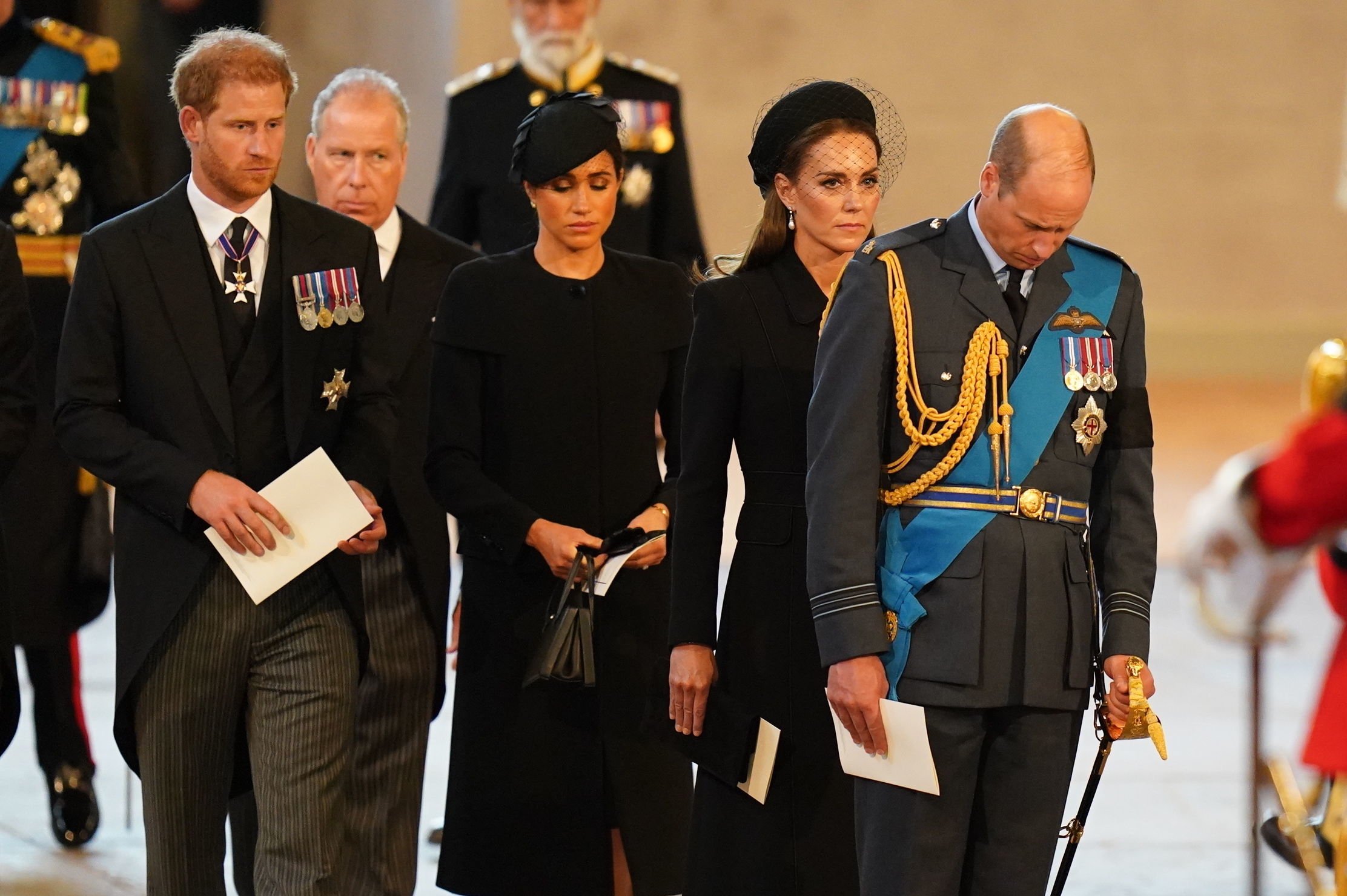 Prince Harry, Meghan Markle, Kate Middleton, and Prince William attend funeral services for Queen Elizabeth II.