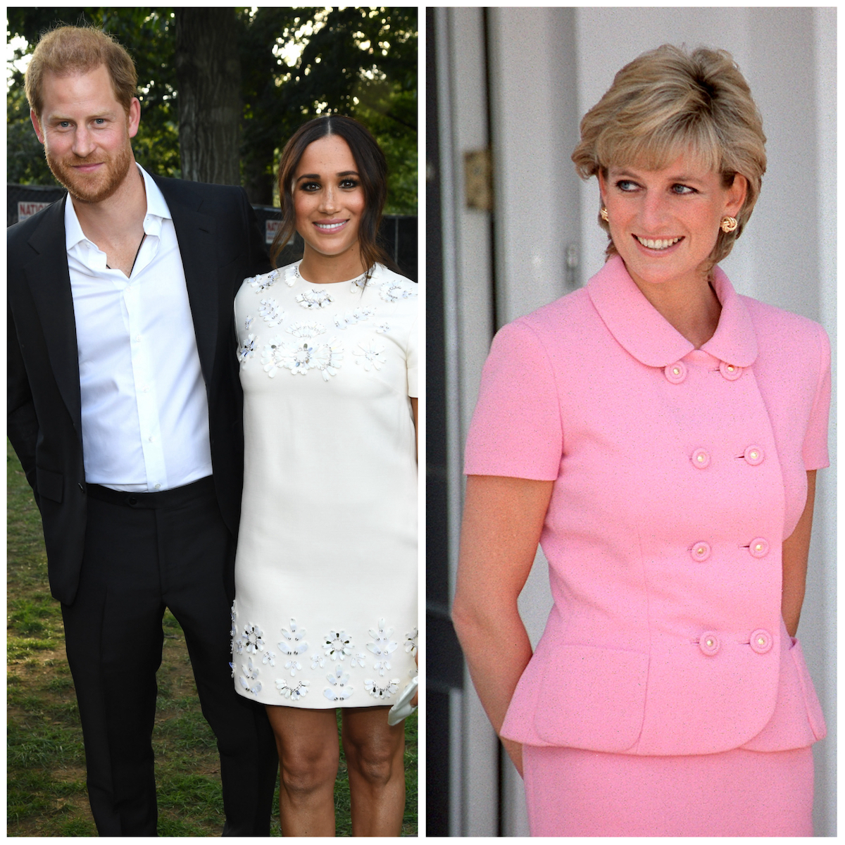 Prince Harry and Meghan Markle, who didn't understand 'power' of living at royal residences according to Tina Brown, stand next to each other; Princess Diana smiles wearing a pink outfit